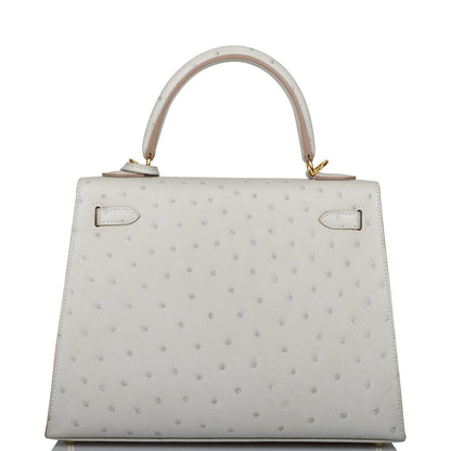 Hermes Kelly 25 Sellier Gris Perle Ostrich Gold Hardware