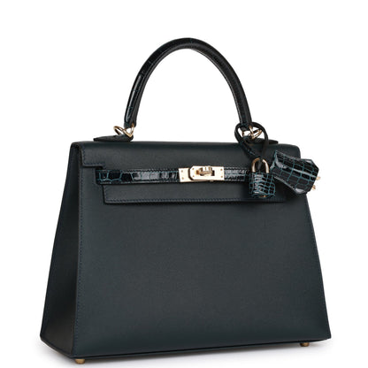 Hermes Kelly 25 Sellier Vert Rousseau Madame and Shiny Niloticus Crocodile Touch Gold Hardware