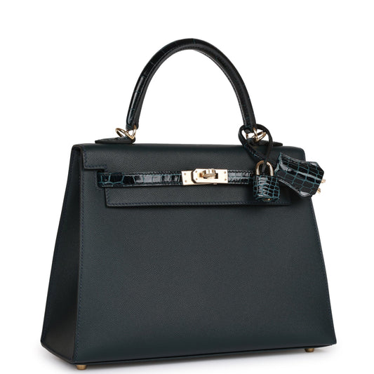 Hermes Kelly 25 Sellier Vert Rousseau Madame and Shiny Niloticus Crocodile Touch Gold Hardware