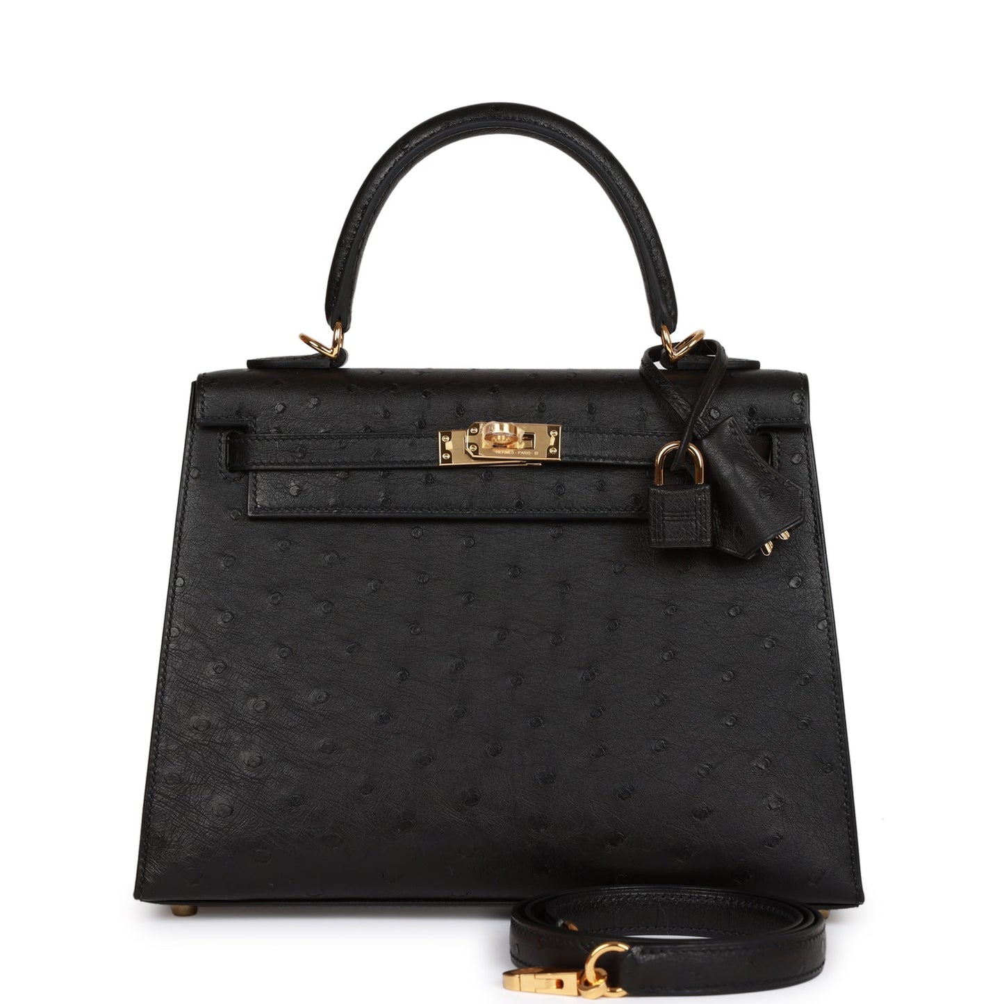 Hermes Kelly 25 Sellier Black Ostrich Gold Hardware