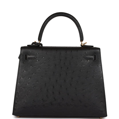 Hermes Kelly 25 Sellier Black Ostrich Gold Hardware