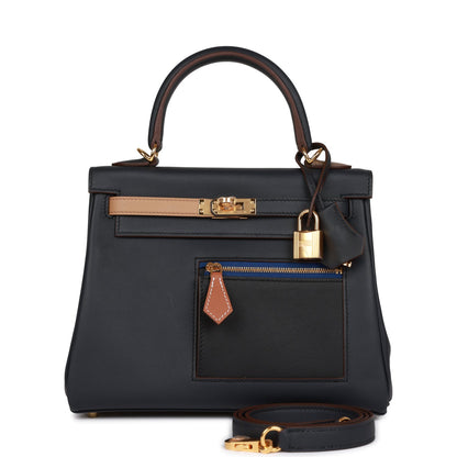 Hermes Colormatic Kelly 25 Retourne Caban, Black and Chai Swift Gold Hardware