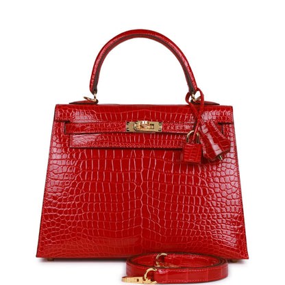 Hermes Kelly 25 Sellier Braise Shiny Porosus Crocodile Gold Hardware