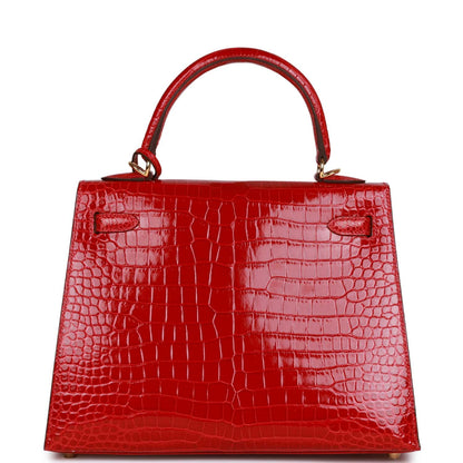Hermes Kelly 25 Sellier Braise Shiny Porosus Crocodile Gold Hardware