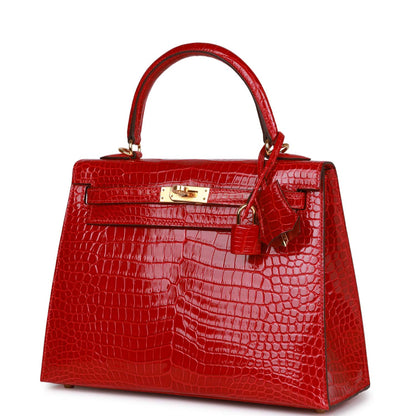 Hermes Kelly 25 Sellier Braise Shiny Porosus Crocodile Gold Hardware