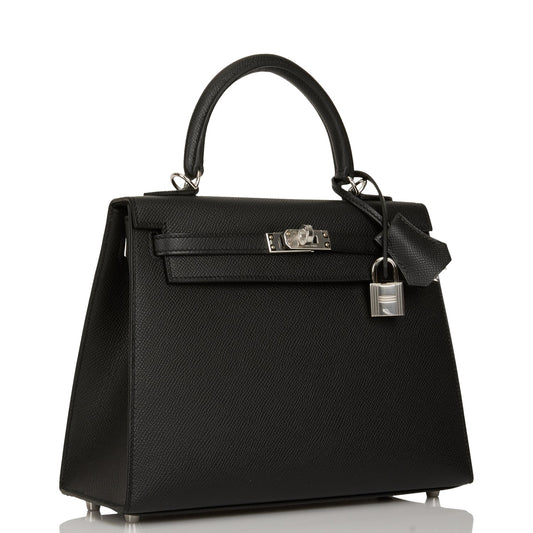 Hermes Kelly 25 Sellier Black Epsom Palladium Hardware