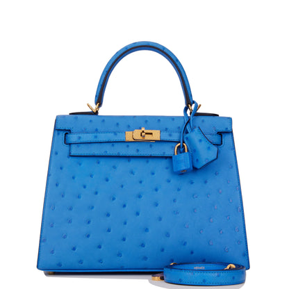 Hermes Kelly 25 Sellier Bleuet Ostrich Gold Hardware