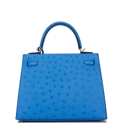 Hermes Kelly 25 Sellier Bleuet Ostrich Gold Hardware