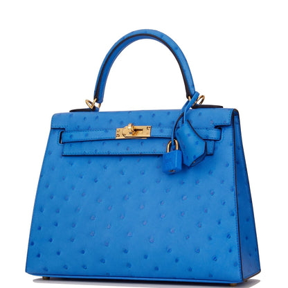 Hermes Kelly 25 Sellier Bleuet Ostrich Gold Hardware