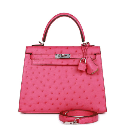 Hermes Kelly 25 Sellier Rose Tyrien Verso Ostrich Palladium Hardware