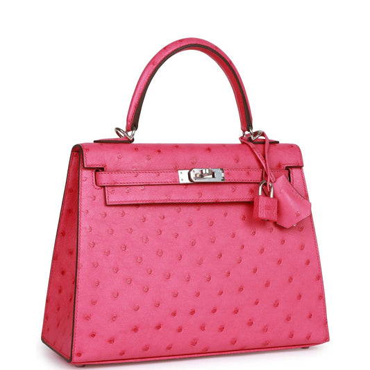 Hermes Kelly 25 Sellier Rose Tyrien Verso Ostrich Palladium Hardware
