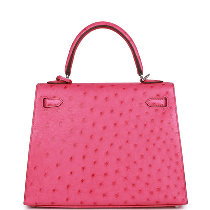 Hermes Kelly 25 Sellier Rose Tyrien Verso Ostrich Palladium Hardware