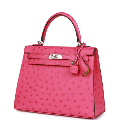Hermes Kelly 25 Sellier Rose Tyrien Verso Ostrich Palladium Hardware