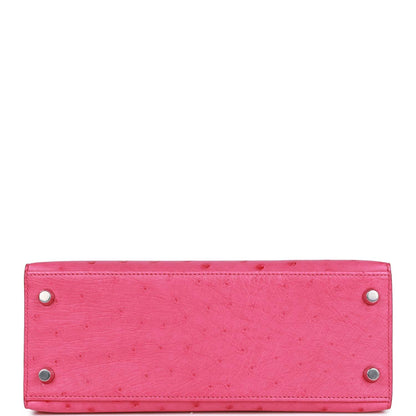 Hermes Kelly 25 Sellier Rose Tyrien Verso Ostrich Palladium Hardware