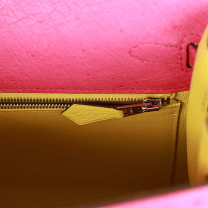 Hermes Kelly 25 Sellier Rose Tyrien Verso Ostrich Palladium Hardware