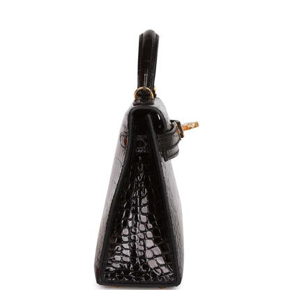 Hermes Kelly 20 Sellier Black Shiny Alligator Gold Hardware