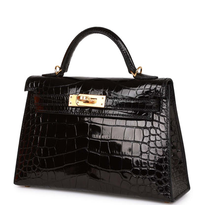 Hermes Kelly 20 Sellier Black Shiny Alligator Gold Hardware