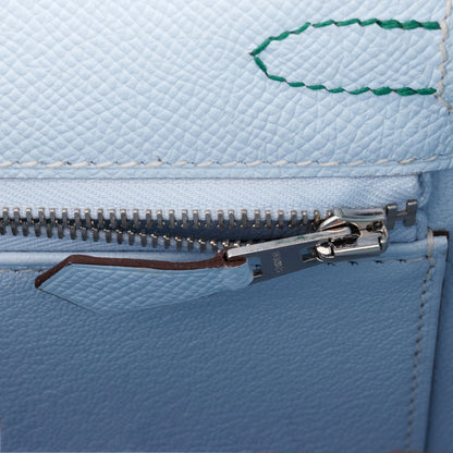 Hermes Kelly 25 Sellier Tri-Color Bleu Brume, Vert Jade and Gold Epsom Palladium Hardware