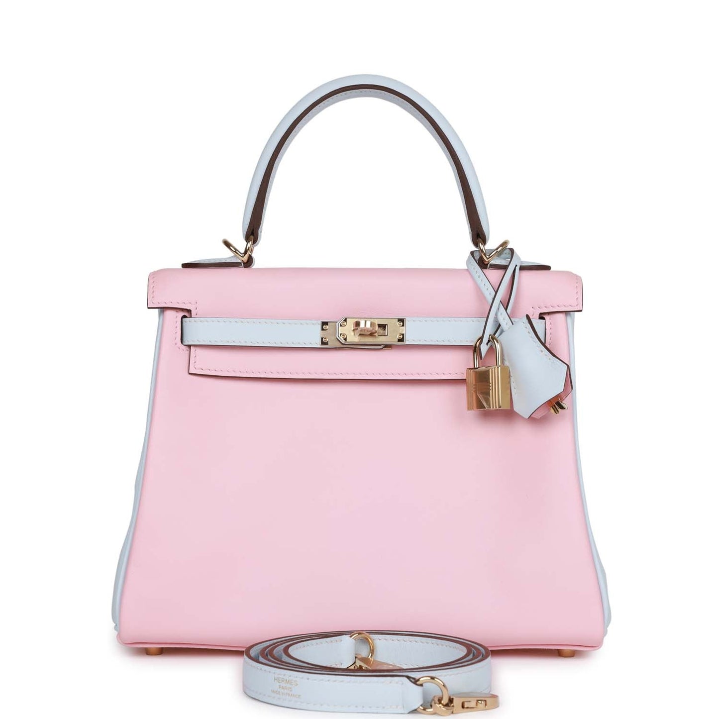 Hermes Kelly 25 Retourne Rose Sakura and Bleu Brume Swift Permabrass Hardware