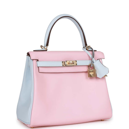 Hermes Kelly 25 Retourne Rose Sakura and Bleu Brume Swift Permabrass Hardware