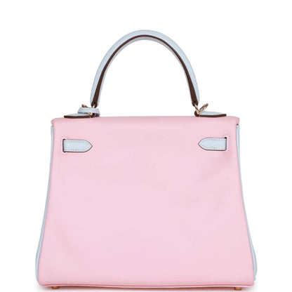 Hermes Kelly 25 Retourne Rose Sakura and Bleu Brume Swift Permabrass Hardware