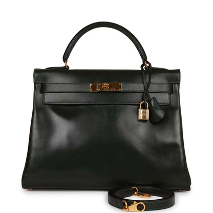 Hermes Kelly 32 Retourne Vert Fonce Box Gold Hardware