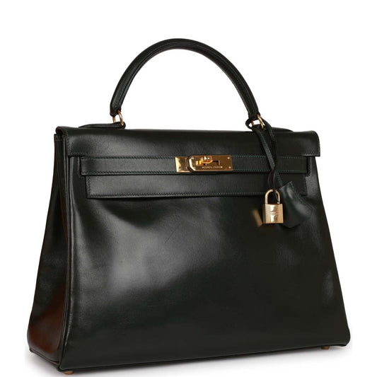 Hermes Kelly 32 Retourne Vert Fonce Box Gold Hardware