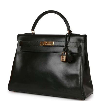 Hermes Kelly 32 Retourne Vert Fonce Box Gold Hardware