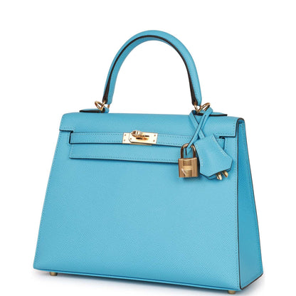 Hermes Kelly 25 Sellier Celeste Epsom Gold Hardware