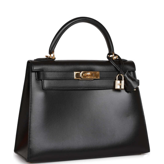 Hermes Kelly 28 Sellier Black Box Gold Hardware