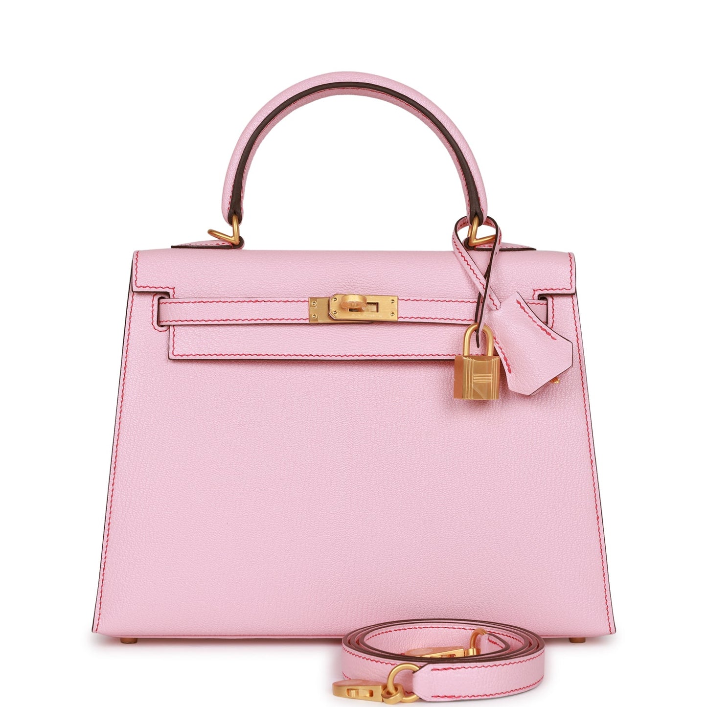 Hermes Kelly 25 Sellier Rose Sakura Chevre Brushed Gold Hardware