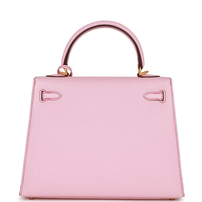 Hermes Kelly 25 Sellier Rose Sakura Chevre Brushed Gold Hardware