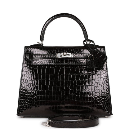 Hermes Kelly 25 Sellier Black Shiny Porosus Crocodile Palladium Hardware