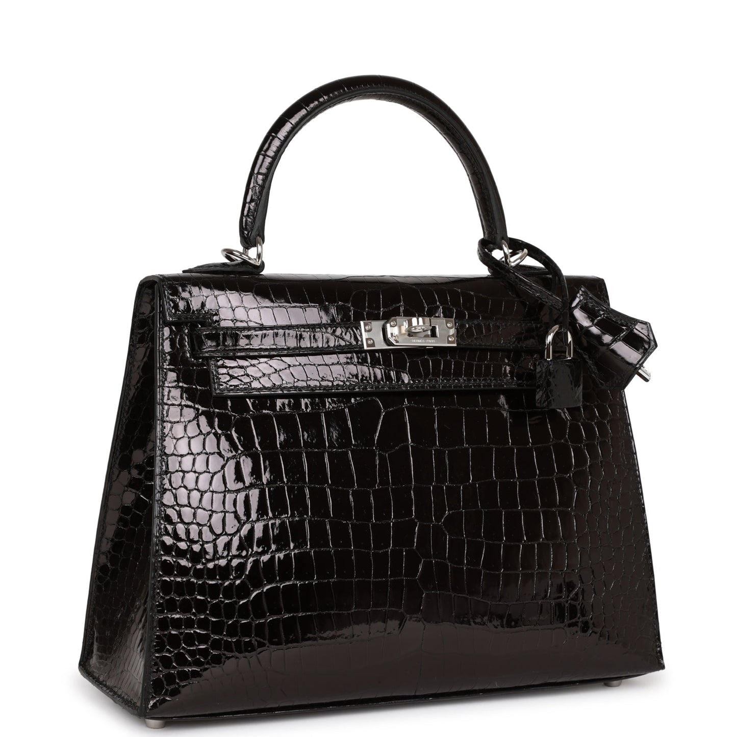 Hermes Kelly 25 Sellier Black Shiny Porosus Crocodile Palladium Hardware