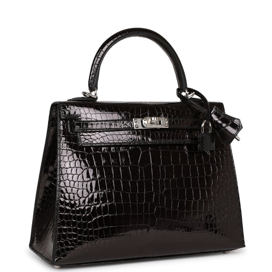 Hermes Kelly 25 Sellier Black Shiny Porosus Crocodile Palladium Hardware