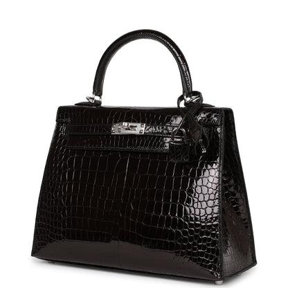 Hermes Kelly 25 Sellier Black Shiny Porosus Crocodile Palladium Hardware