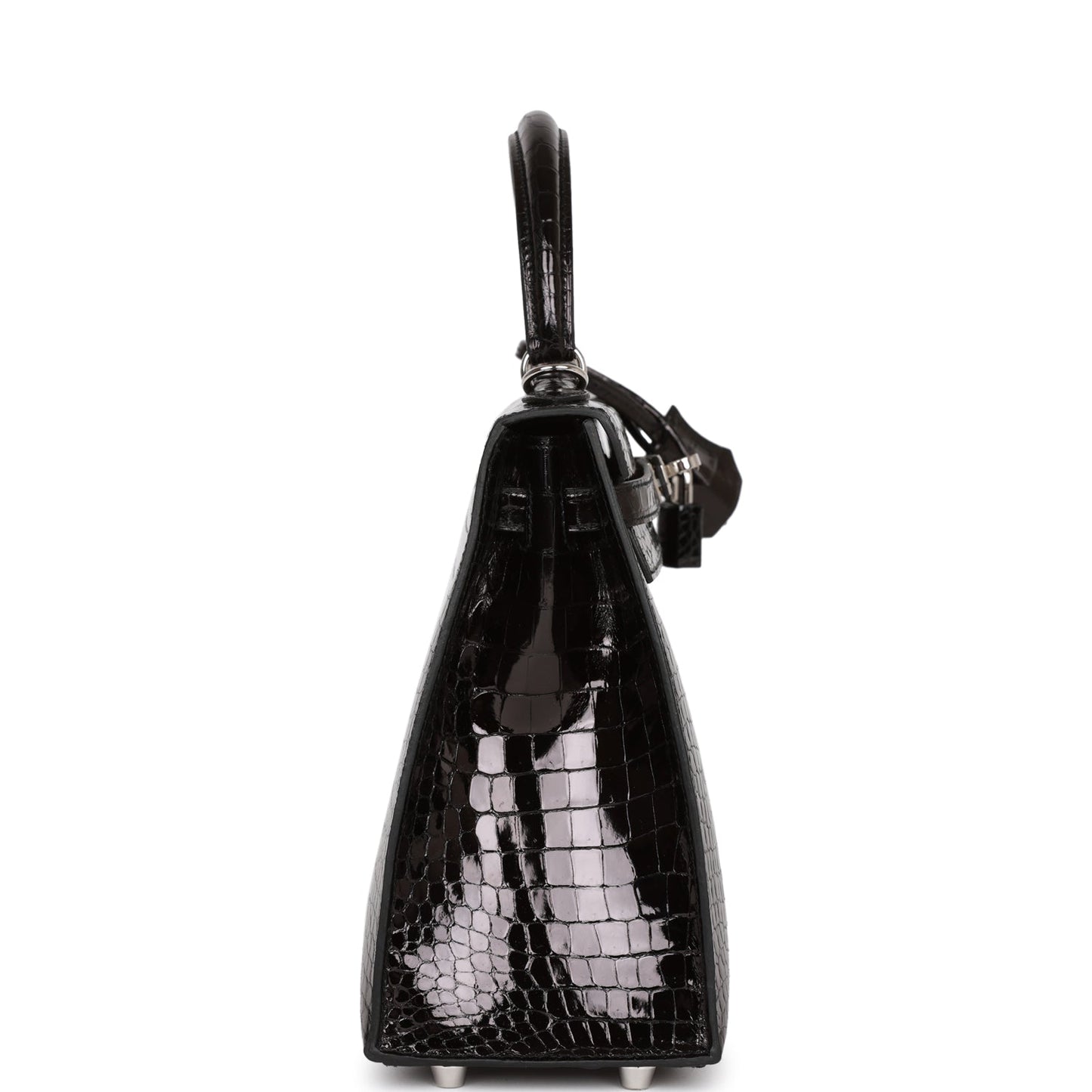 Hermes Kelly 25 Sellier Black Shiny Porosus Crocodile Palladium Hardware