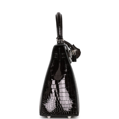 Hermes Kelly 25 Sellier Black Shiny Porosus Crocodile Palladium Hardware