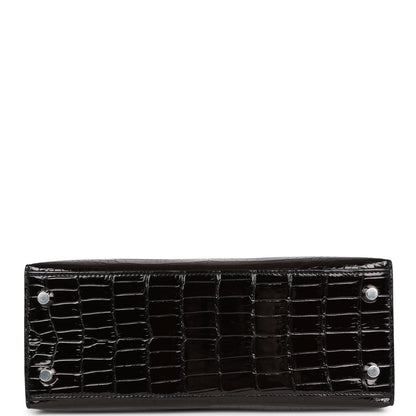 Hermes Kelly 25 Sellier Black Shiny Porosus Crocodile Palladium Hardware