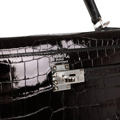 Hermes Kelly 25 Sellier Black Shiny Porosus Crocodile Palladium Hardware