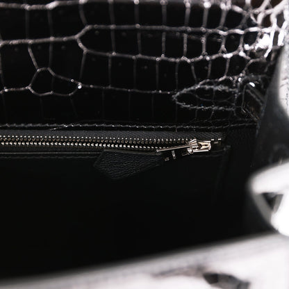 Hermes Kelly 25 Sellier Black Shiny Porosus Crocodile Palladium Hardware