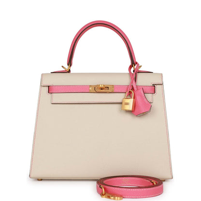 Hermes Kelly 25 Sellier Craie and Rose Lipstick Epsom Brushed Gold Hardware