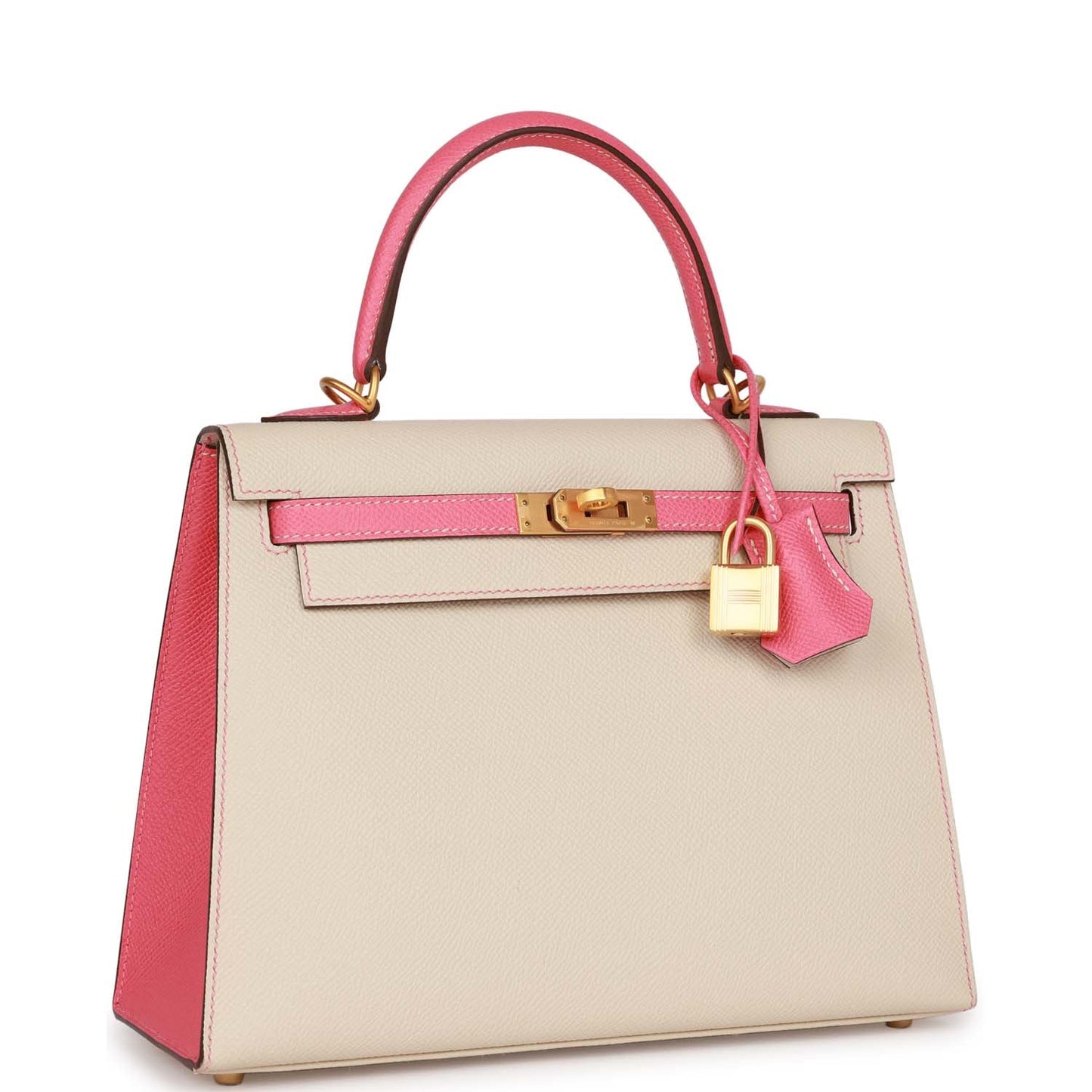 Hermes Kelly 25 Sellier Craie and Rose Lipstick Epsom Brushed Gold Hardware