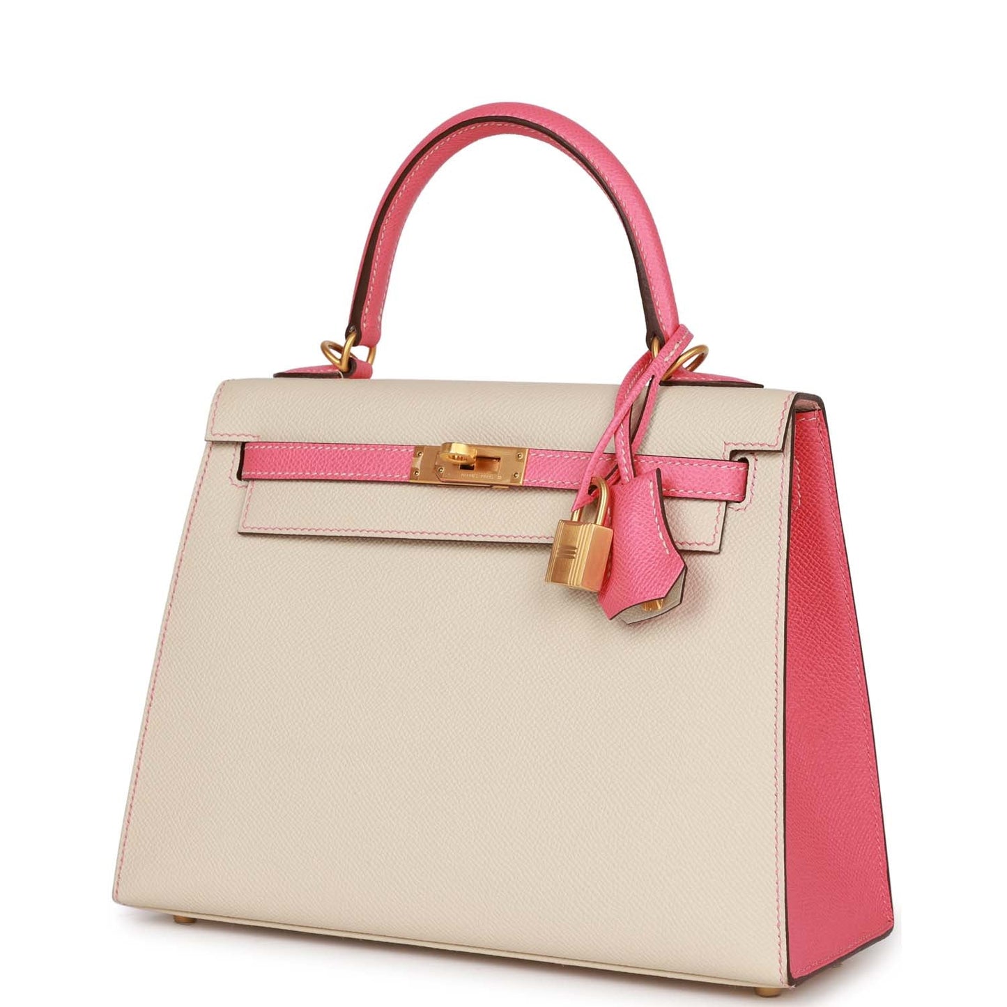 Hermes Kelly 25 Sellier Craie and Rose Lipstick Epsom Brushed Gold Hardware