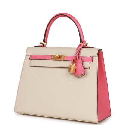 Hermes Kelly 25 Sellier Craie and Rose Lipstick Epsom Brushed Gold Hardware