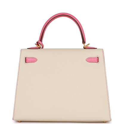 Hermes Kelly 25 Sellier Craie and Rose Lipstick Epsom Brushed Gold Hardware
