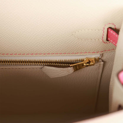 Hermes Kelly 25 Sellier Craie and Rose Lipstick Epsom Brushed Gold Hardware