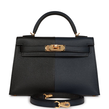 Hermes Kelly 20 Sellier Bleu Indigo, Black and Rouge H Casaque Epsom Gold Hardware