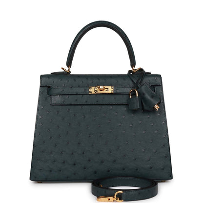 Hermes Kelly 25 Sellier Vert Cypress Ostrich Gold Hardware