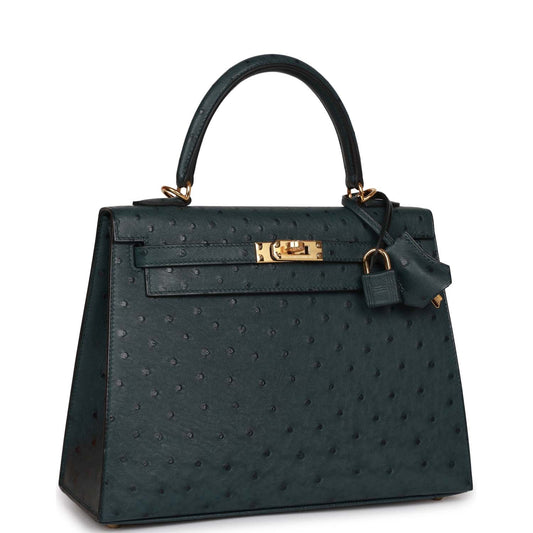 Hermes Kelly 25 Sellier Vert Cypress Ostrich Gold Hardware